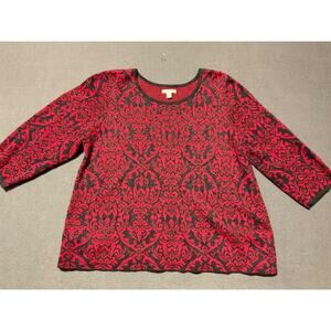 Dana Buchman XXL Red Black Damask Jacquard Knit Sweater Top Holiday